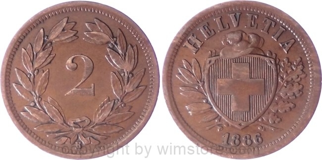 Schweiz, 2 Rappen 1886 B, KM 4.1, Bronze, ss