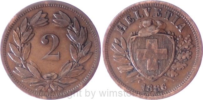 Schweiz, 2 Rappen 1886 B, KM 4.1, Bronze, ss