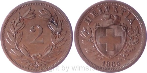 Schweiz, 2 Rappen 1886 B, KM 4.1, Bronze, ss