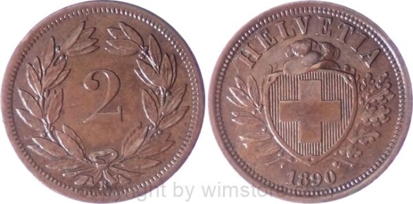 Schweiz, 2 Rappen 1890 B, KM 4.1, Bronze, ss-vz