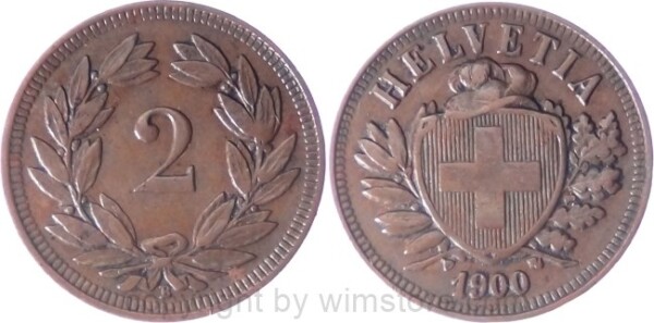 v34660 Schweiz, 2 Rappen 1890 B, KM 4.1, Bronze, ss