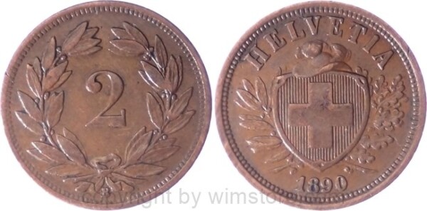 Schweiz, 2 Rappen 1890 B, KM 4.1, Bronze, ss