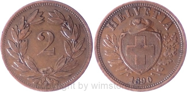 Schweiz, 2 Rappen 1890 B, KM 4.1, Bronze, ss