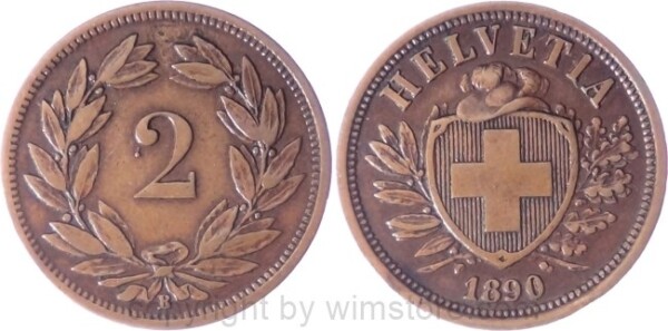 Schweiz, 2 Rappen 1890 B, KM 4.1, Bronze, ss, Randschaden