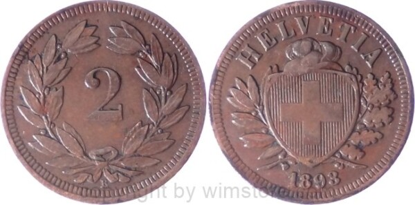 v34665_2 Schweiz, 2 Rappen 1893 B, KM 4.2, Bronze, ss