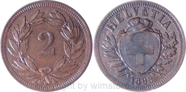 Schweiz, 2 Rappen 1893 B, KM 4.2, Bronze, ss
