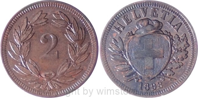 Schweiz, 2 Rappen 1893 B, KM 4.2, Bronze, ss
