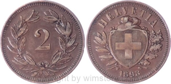 v34668 Schweiz, 2 Rappen 1893 B, KM 4.2, Bronze, ss