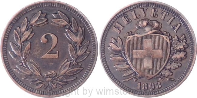 Schweiz, 2 Rappen 1893 B, KM 4.2, Bronze, ss