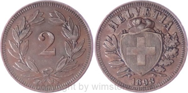 Schweiz, 2 Rappen 1893 B, KM 4.2, Bronze, ss