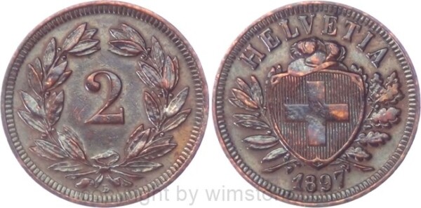 Schweiz, 2 Rappen 1897 B, KM 4.2, Bronze, ss, geputzt