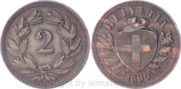Schweiz, 2 Rappen 1899 B, KM 4.2, Bronze, ss