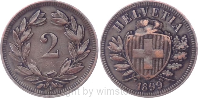 Schweiz, 2 Rappen 1899 B, KM 4.2, Bronze, ss