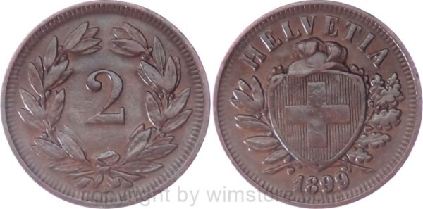 Schweiz, 2 Rappen 1899 B, KM 4.2, Bronze, ss