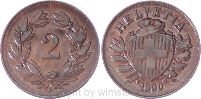 Schweiz, 2 Rappen 1900 B, KM 4.2, Bronze, ss