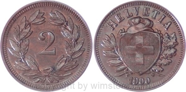 v34680 Schweiz, 2 Rappen 1900 B, KM 4.2, Bronze, ss