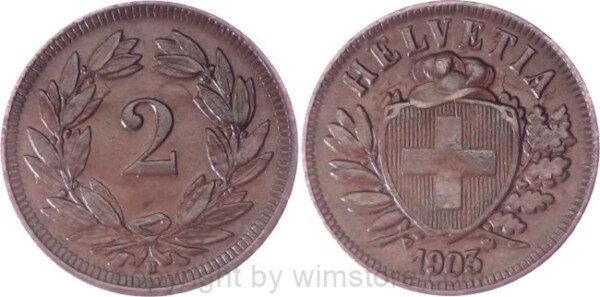 Schweiz, 2 Rappen 1903 B, KM 4.2, Bronze, ss