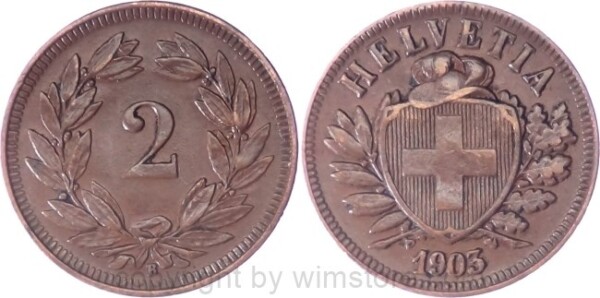 Schweiz, 2 Rappen 1903 B, KM 4.2, Bronze, ss