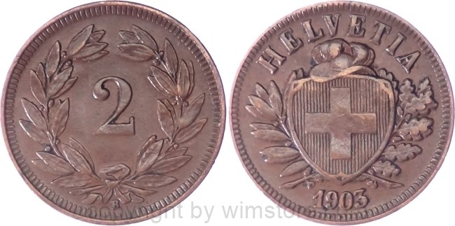 Schweiz, 2 Rappen 1903 B, KM 4.2, Bronze, ss