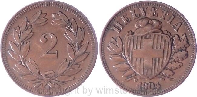 Schweiz, 2 Rappen 1904 B, KM 4.2, Bronze, ss