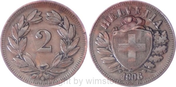 Schweiz, 2 Rappen 1906 B, KM 4.2, Bronze, ss, Randschaden