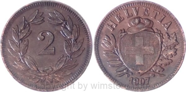 Schweiz, 2 Rappen 1907 B, KM 4.2, Bronze, ss