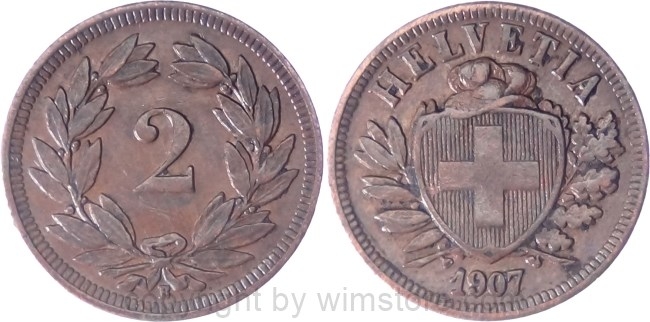 Schweiz, 2 Rappen 1907 B, KM 4.2, Bronze, ss