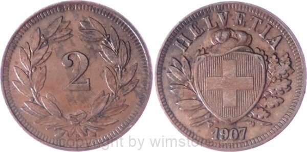 Schweiz, 2 Rappen 1907 B, KM 4.2, Bronze, ss