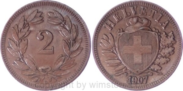 Schweiz, 2 Rappen 1907 B, KM 4.2, Bronze, ss