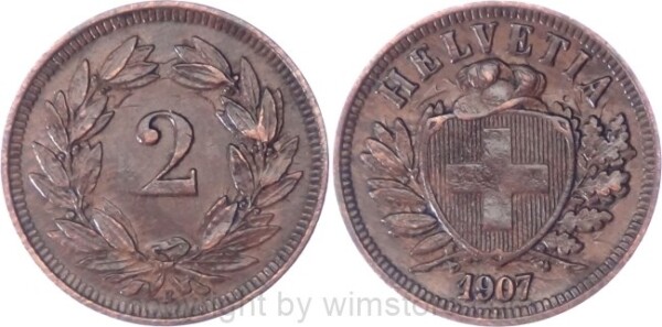 Schweiz, 2 Rappen 1907 B, KM 4.2, Bronze, ss