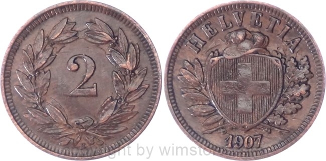 Schweiz, 2 Rappen 1907 B, KM 4.2, Bronze, ss