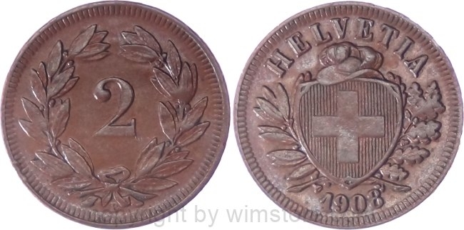 Schweiz, 2 Rappen 1908 B, KM 4.2, Bronze, ss