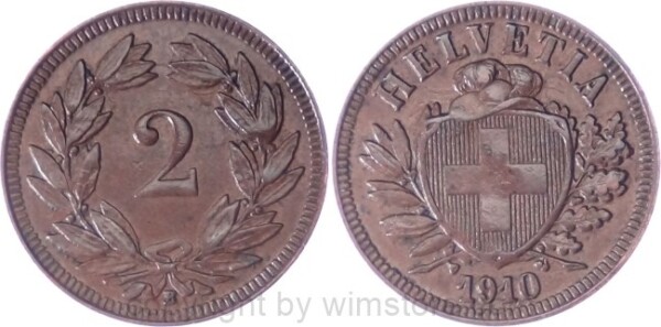 Schweiz, 2 Rappen 1910 B, KM 4.2, Bronze, ss