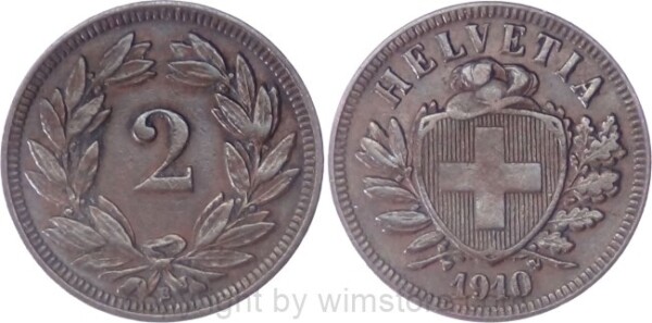v34695 Schweiz, 2 Rappen 1910 B, KM 4.2, Bronze, ss