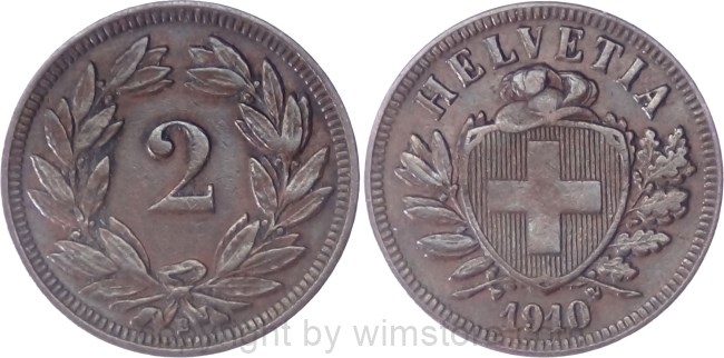 Schweiz, 2 Rappen 1910 B, KM 4.2, Bronze, ss