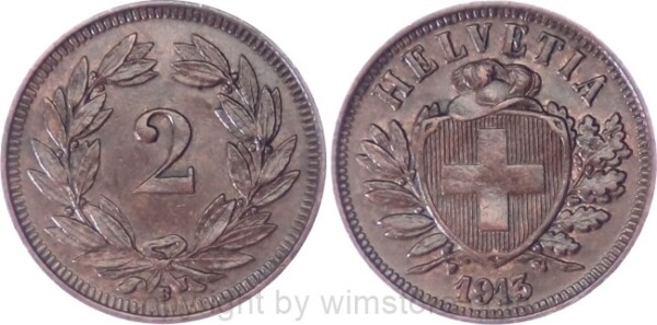 Schweiz, 2 Rappen 1913 B, KM 4.2, Bronze, ss