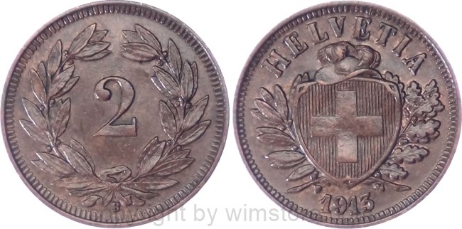 Schweiz, 2 Rappen 1913 B, KM 4.2, Bronze, ss