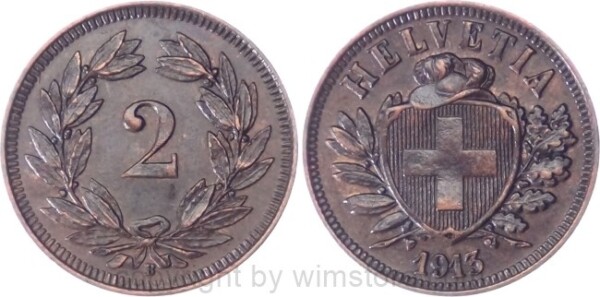v34700 Schweiz, 2 Rappen 1913 B, KM 4.2, Bronze, ss