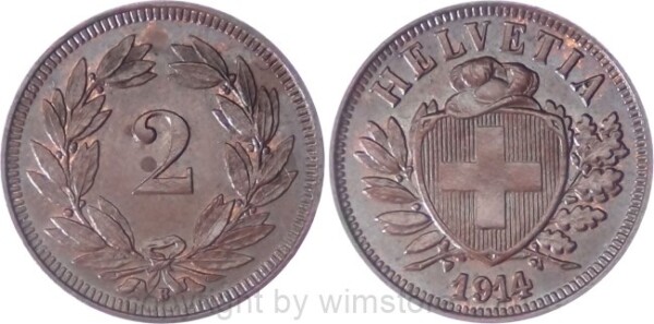 v34701 Schweiz, 2 Rappen 1914 B, KM 4.2, Bronze, ss
