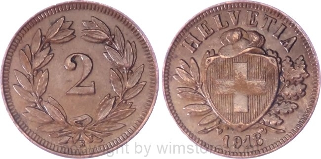 Schweiz, 2 Rappen 1918 B, KM 4.2, Bronze, ss