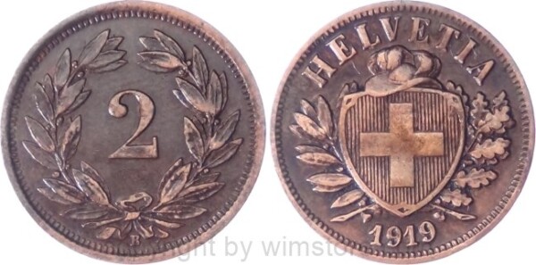 v34710 Schweiz, 2 Rappen 1919 B, KM 4.2, Bronze, ss