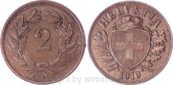 Schweiz, 2 Rappen 1919 B, KM 4.2, Bronze, ss, winz. Rs.