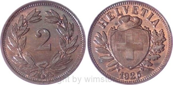 Schweiz, 2 Rappen 1925 B, KM 4.2, Bronze, vz