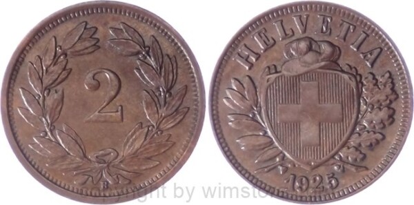 v34714 Schweiz, 2 Rappen 1925 B, KM 4.2, Bronze, ss