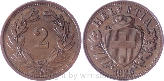 Schweiz, 2 Rappen 1925 B, KM 4.2, Bronze, ss