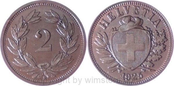 v34715 Schweiz, 2 Rappen 1925 B, KM 4.2, Bronze, ss
