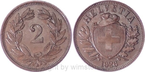 Schweiz, 2 Rappen 1926 B, KM 4.2, Bronze, ss-vz