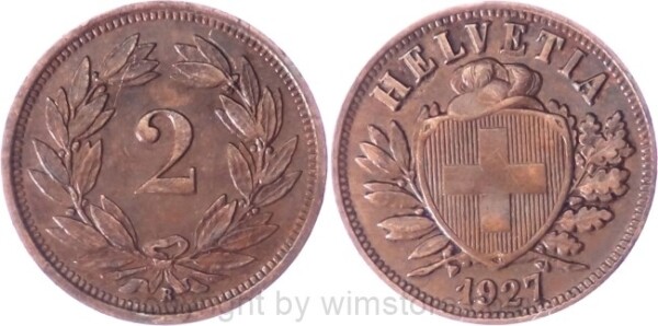 Schweiz, 2 Rappen 1927 B, KM 4.2, Bronze, ss