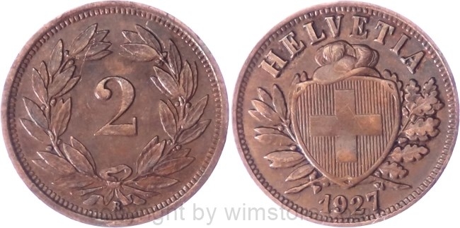 Schweiz, 2 Rappen 1927 B, KM 4.2, Bronze, ss