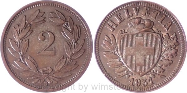 Schweiz, 2 Rappen 1931 B, KM 4.2, Bronze, ss